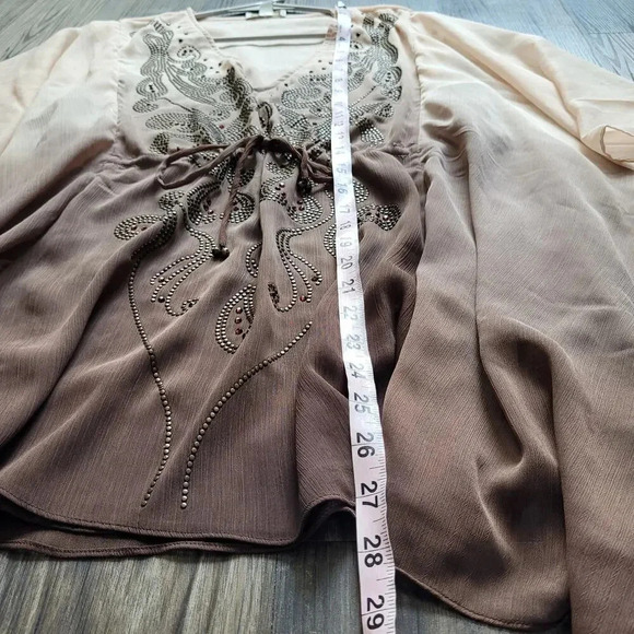 Boston Proper Women's Kaftan Chiffon Blouse Size M Brown Ombre V-neck Studded - Picture 9 of 11